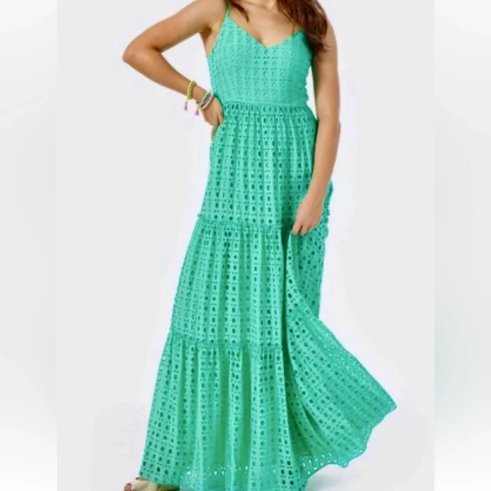 🦄 Lilly Pulitzer Size 6 Melody Maxi Dress Gustavia Green Eyelet - Picture 1 of 5